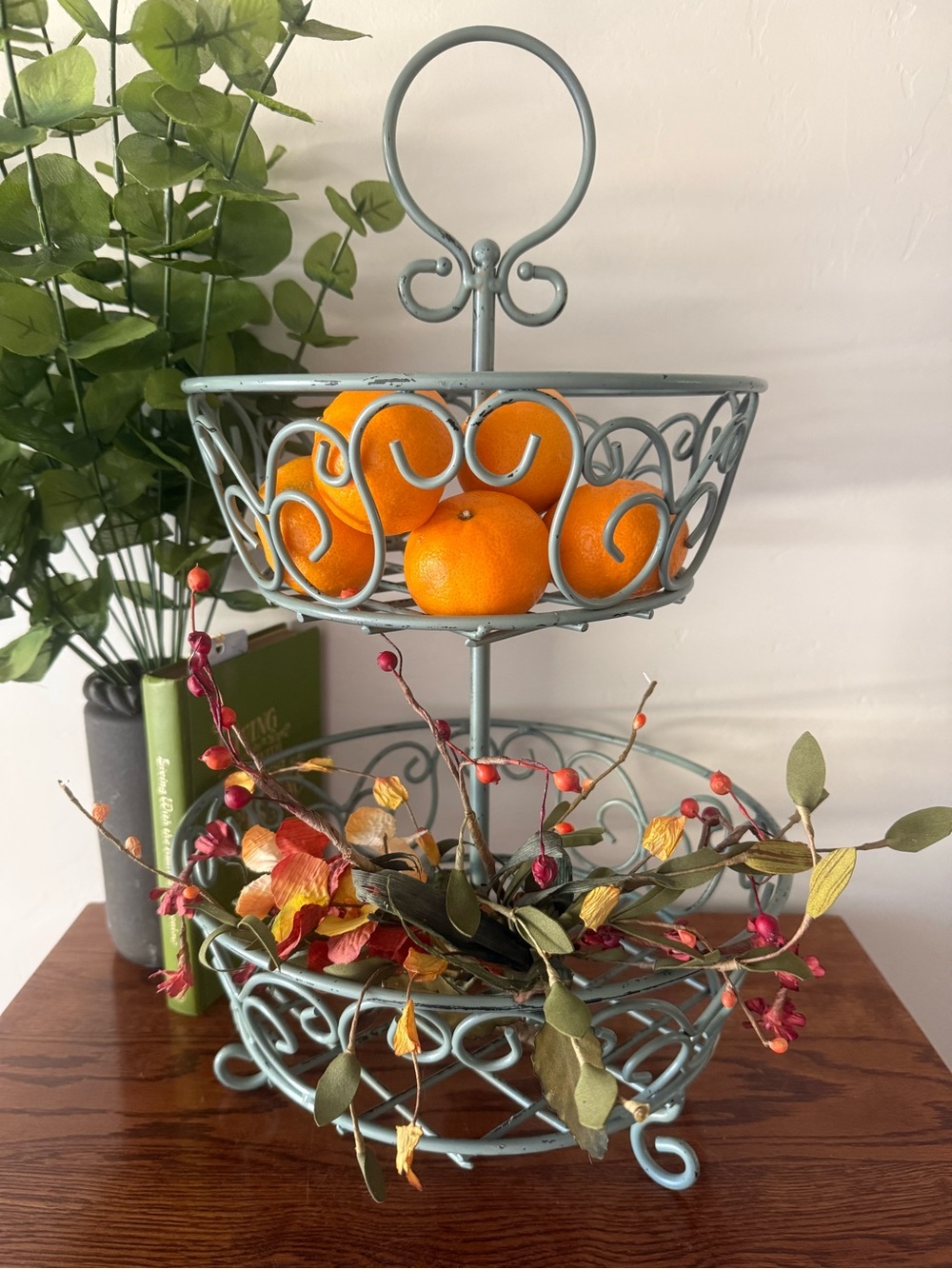 2-Tier Metal Stand | Distressed Blue  | Rustic Cottage Decor